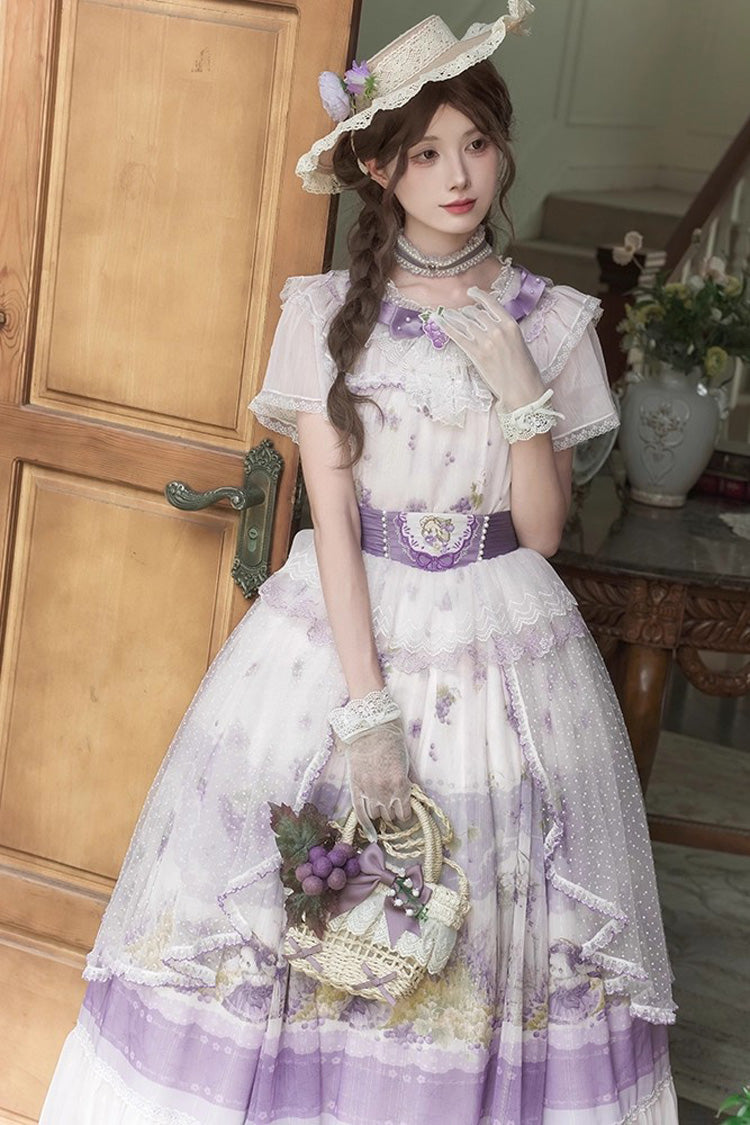 Ivory and Lavender Rabbit Vine Grape Print Short Sleeve Ribbon Lace Elegant Sweet Lolita Skirt Set