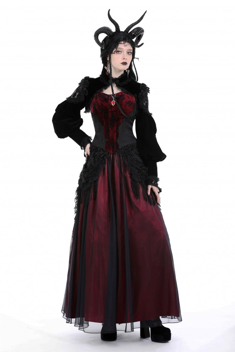 Jet-Black Gothic Cape with Velvet Panels and Lantern Sleeves