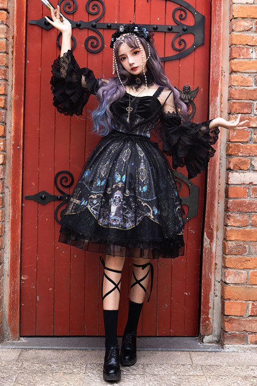 Black Skull Print OP Dress with Lantern Sleeves