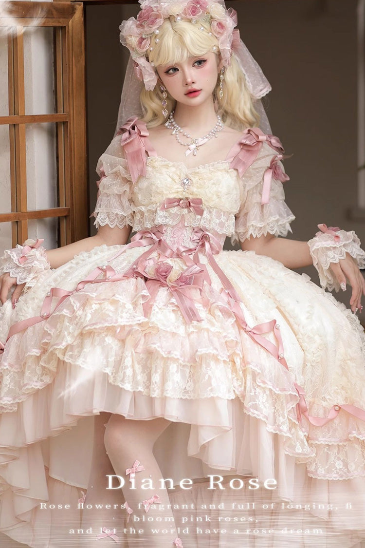Diane Rose Pink Short Sleeves Multi-Layered Jacquard Ruffle Hanayome Cardigan Bowknot Lace Sweet Dress