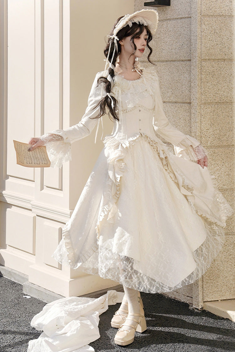 Princess Lace Dress with Ruffle Sleeves in Ivory