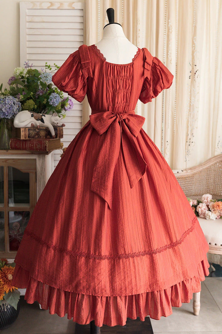 Square Collar Ruffled Bow Dress - Forest Gallery