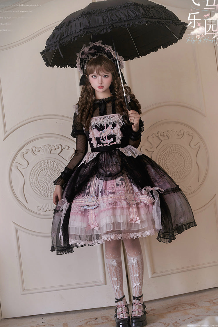 Black Pink Multi Print Ruffle Bow Lace Sweet Gorgeous Lolita Jsk Dress