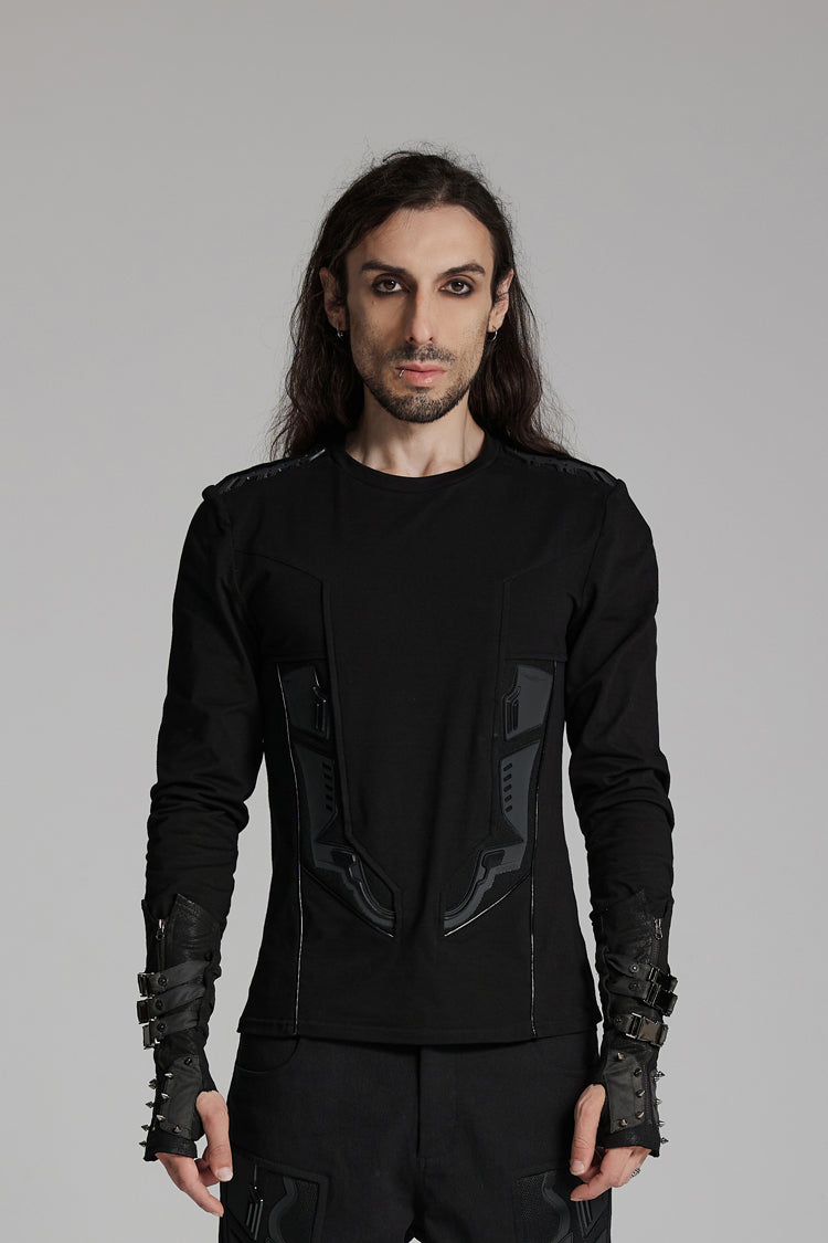 Obsidian Crewneck Long-Sleeve 3D Armor Patch Punk Tee for Men