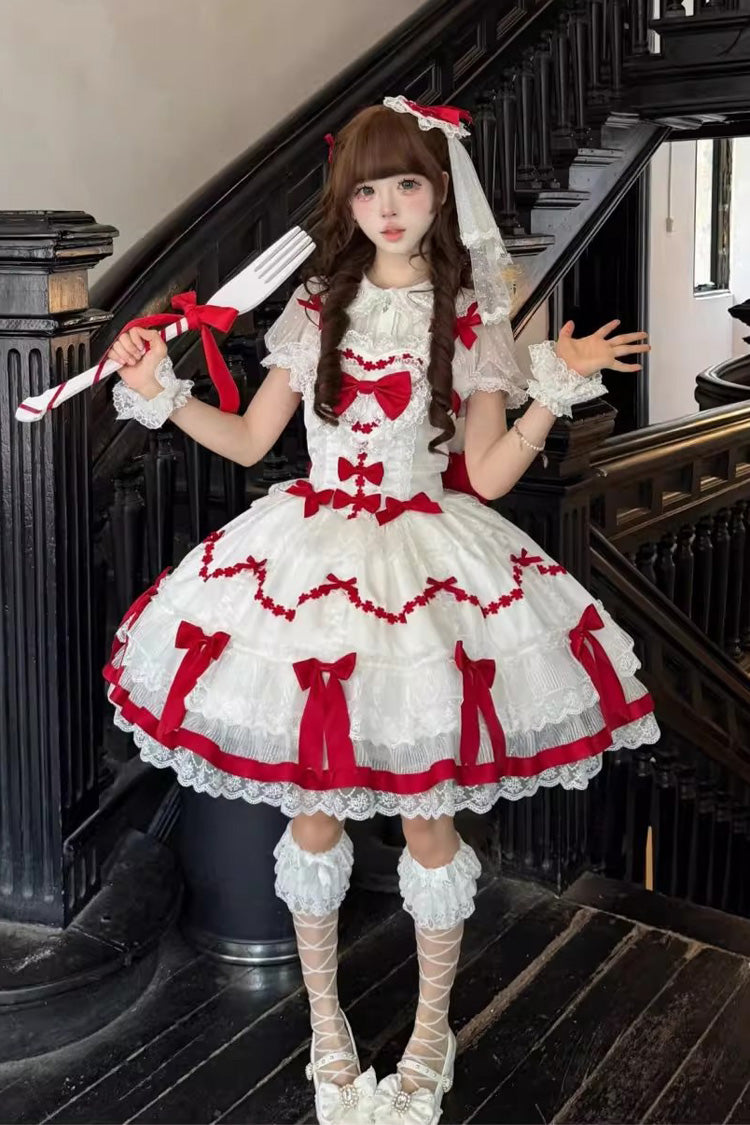 Red White Scarlet Heart Cocoa Sleeveless Triple-Layered Ruffle Embroidery Lace Sweet Lolita Jsk Dress