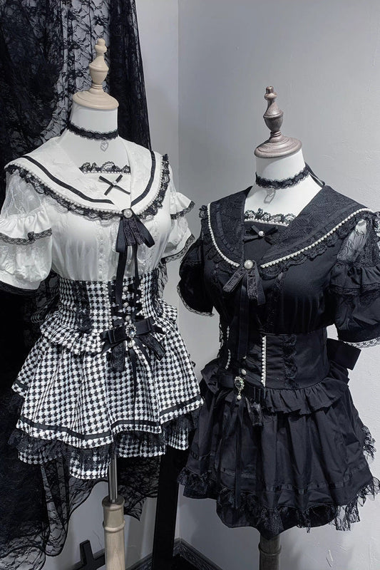 Sailor Collar Ruffle Bowknot Lace Blouse in 2 Colors