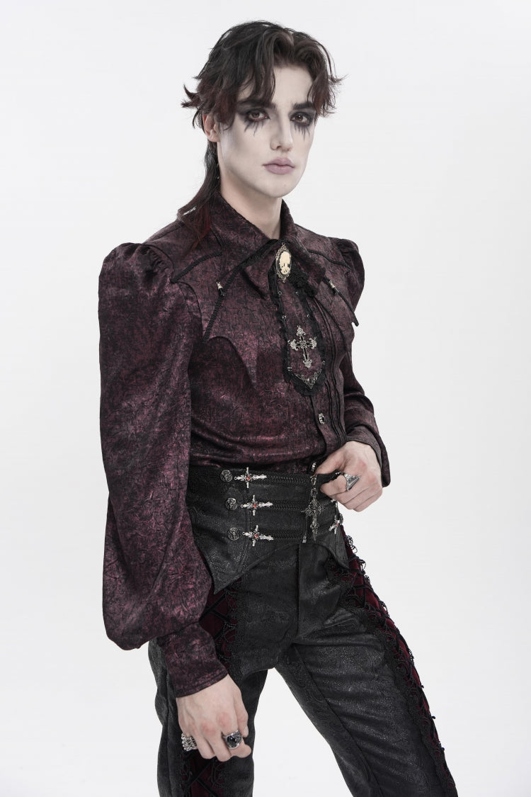Scarlet Lapel Lantern Sleeve Jacquard Bow Men's Gothic Shirt