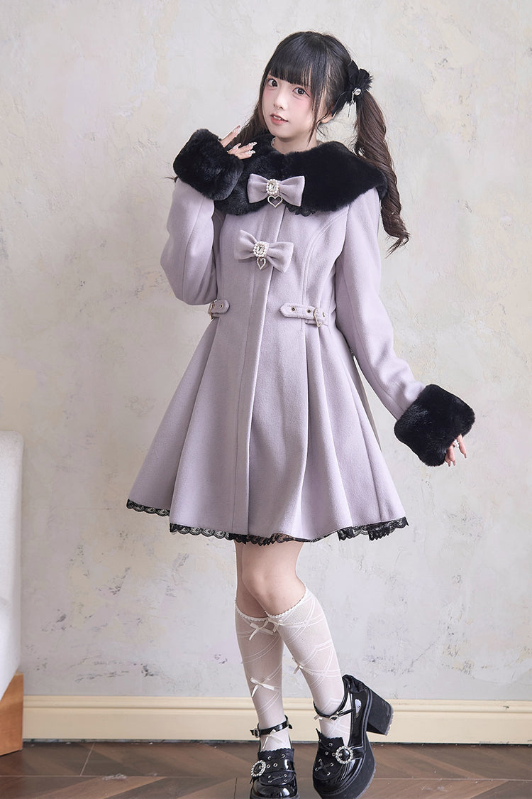 Plush Collar Waist-Cinched Long Sleeve Bow Lace Coat - Lolita Outerwear