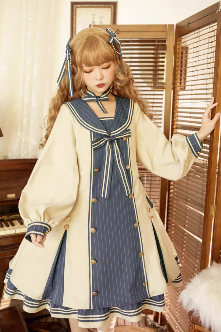 Navy Collar Long Sleeve Print Ruffle Sweet Plus Size Lolita Dress Blue Apricot