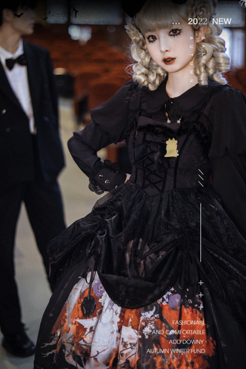 Gothic Lolita High-Waisted Witch Style Black Lace Organza Ruffled JSK Frocks