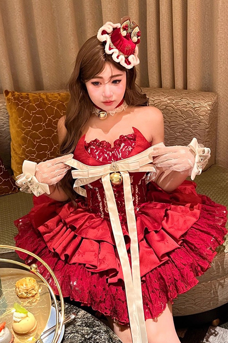 Red Sleeveless Triple-Layered Ruffle Hollow Bow Lace-Up Ballet Dress