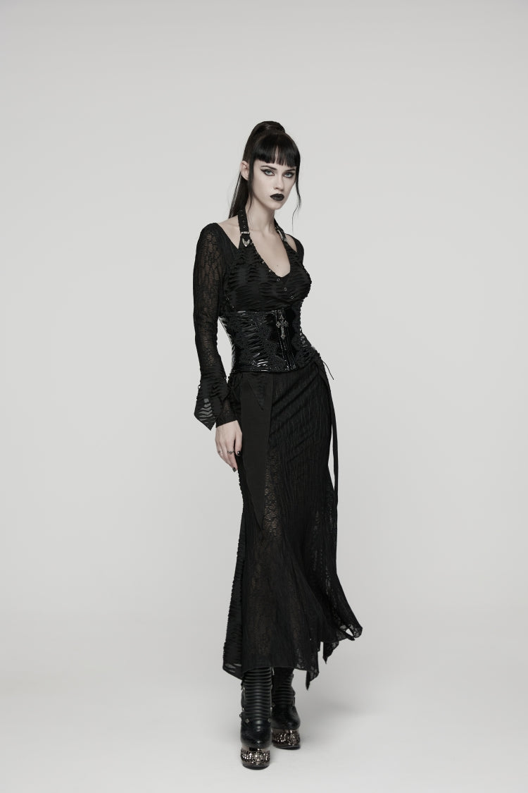 Off Shoulder Halterneck Long Trumpet Sleeves Lace Lace-Up Gothic Punk Dress