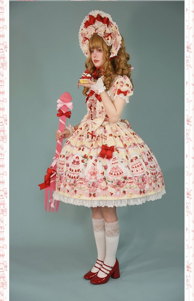 Yellow Full Lolita Set Print Strawberry Sweet Cake Accents Bow Dress /