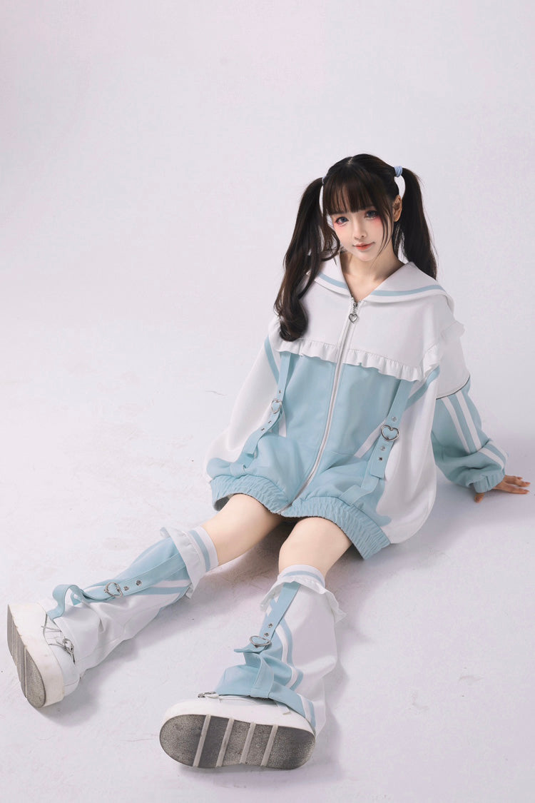 Ruffle Color Block Zip Up Jirai Coat with Long Sleeves in Three Variants