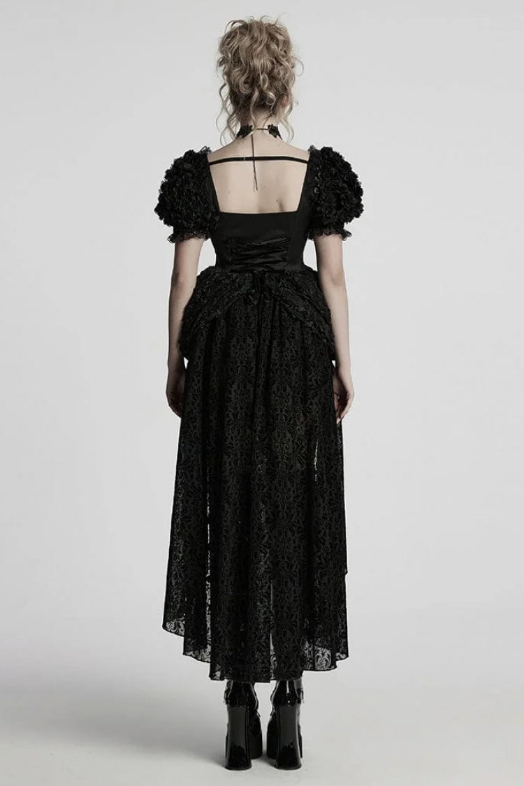 Asymmetric Gothic Mini Dress with Square Collar and Puff Sleeves