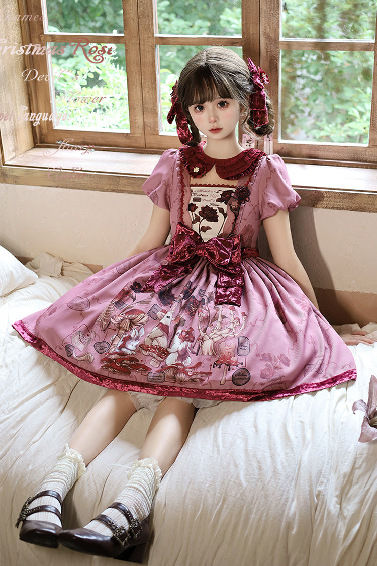 Short Sleeve Rabbit Sunflower Print Ruffle Embroidery Bow Sweet Dress in Red