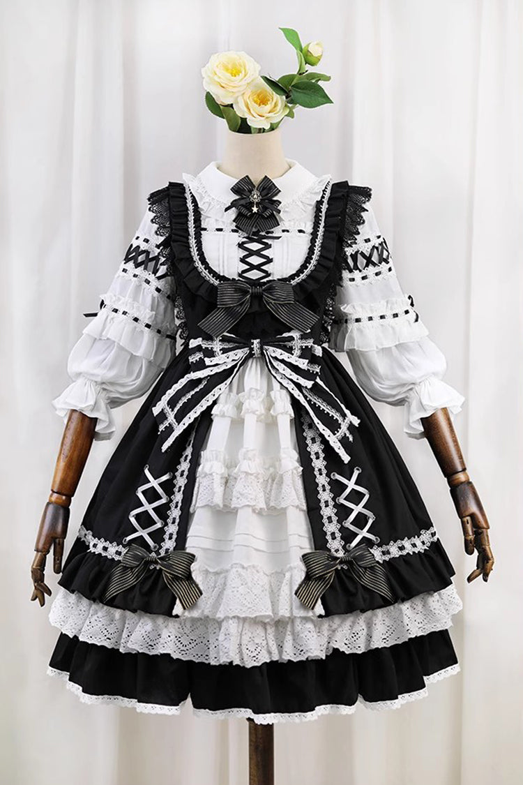 Black/White Tina's Gift Sleeveless Multi-Layered Ruffled Cardigan Bow Lace Sweet Lolita JSK Gown
