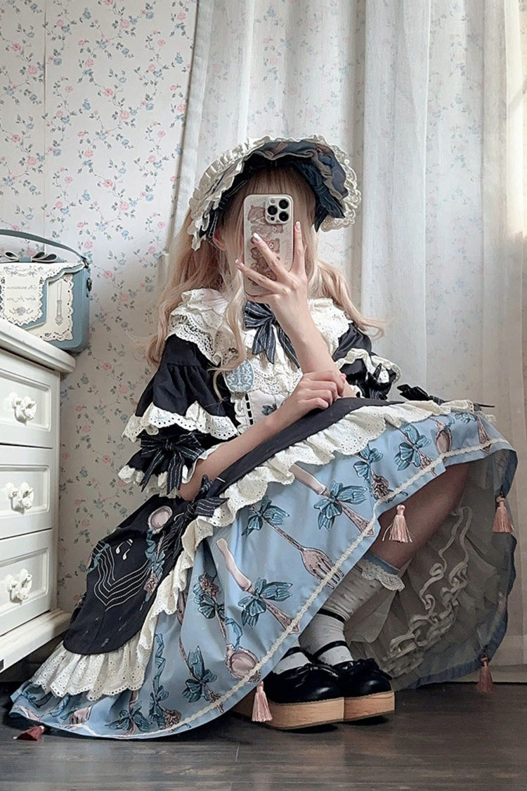Navy Witch's Banquet Round-Collar Short-Sleeve Printed Ruffled Embroidered Bow Asymmetric Sweet Lolita Dress