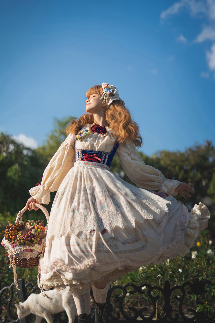 Cream Ode to Plenty Berry Bird Print Velvet Bow Frilled Classic Lolita Corset JSK Dress