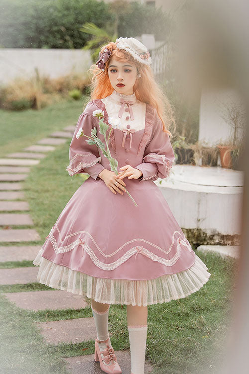 Alice Girl Andrea Ruffled OP Dress - Solid Bowknot Sweet Lolita