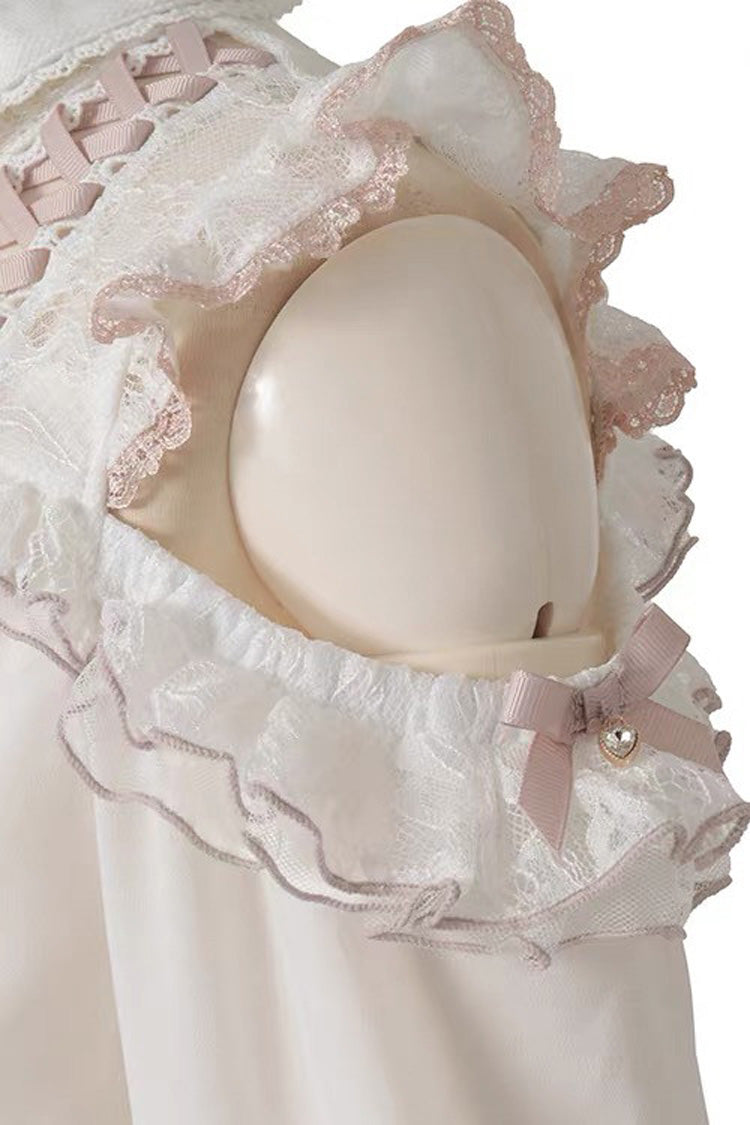 Lapel Off-Shoulder Bow Blouse - Spliced Lace