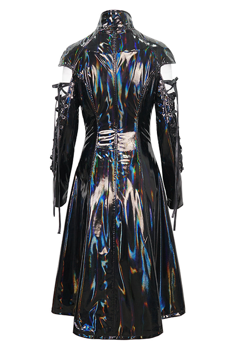 Patent Leather Mesh Spliced Long Punk Coat for Women Lace-Up