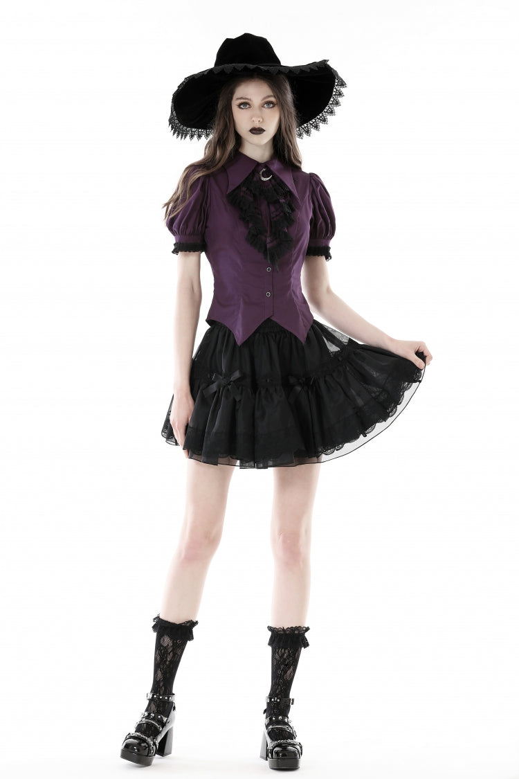 Periwinkle Moon Frill-Collar Puff-Sleeve Gothic Top