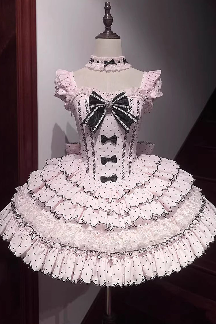 Pink Sleeveless Polka-Dot Multi-Layer Ruffle Bow Sweet Princess JSK Dress