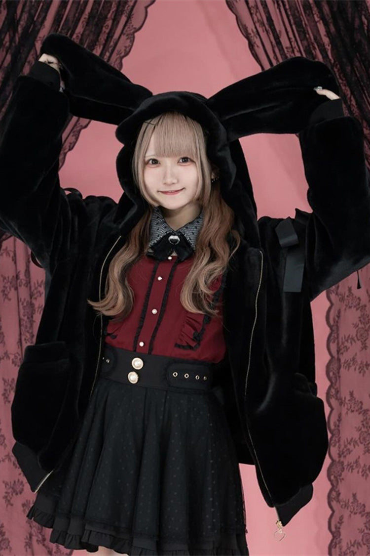 Black Rabbit Ears Bowknot Lace-Up Hooded Jirai Kei Coat