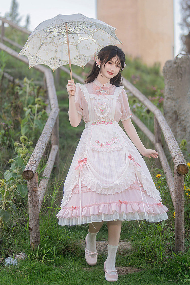Blush Mandarin Collar Short Sleeve Ruffled Embroidered Lace Sweet Chinese Inspired Lolita Gown