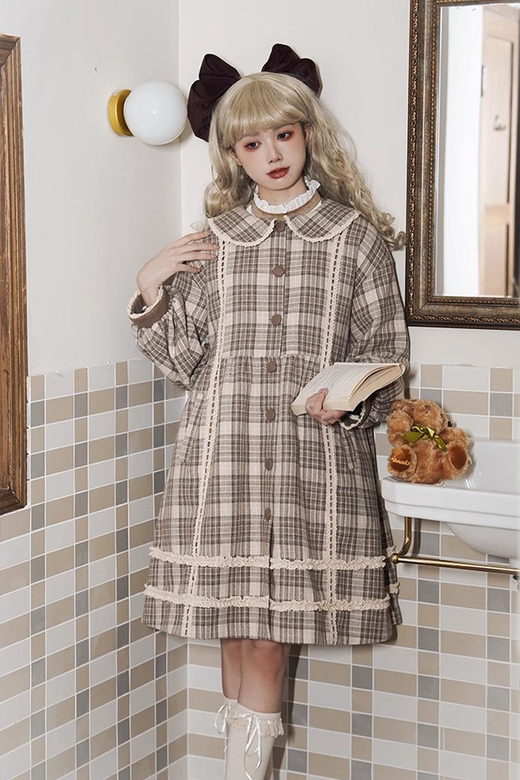 Light Brown Doll Collar Long Sleeve Multi-Layer Print Bowknot Sweet Lolita Coat