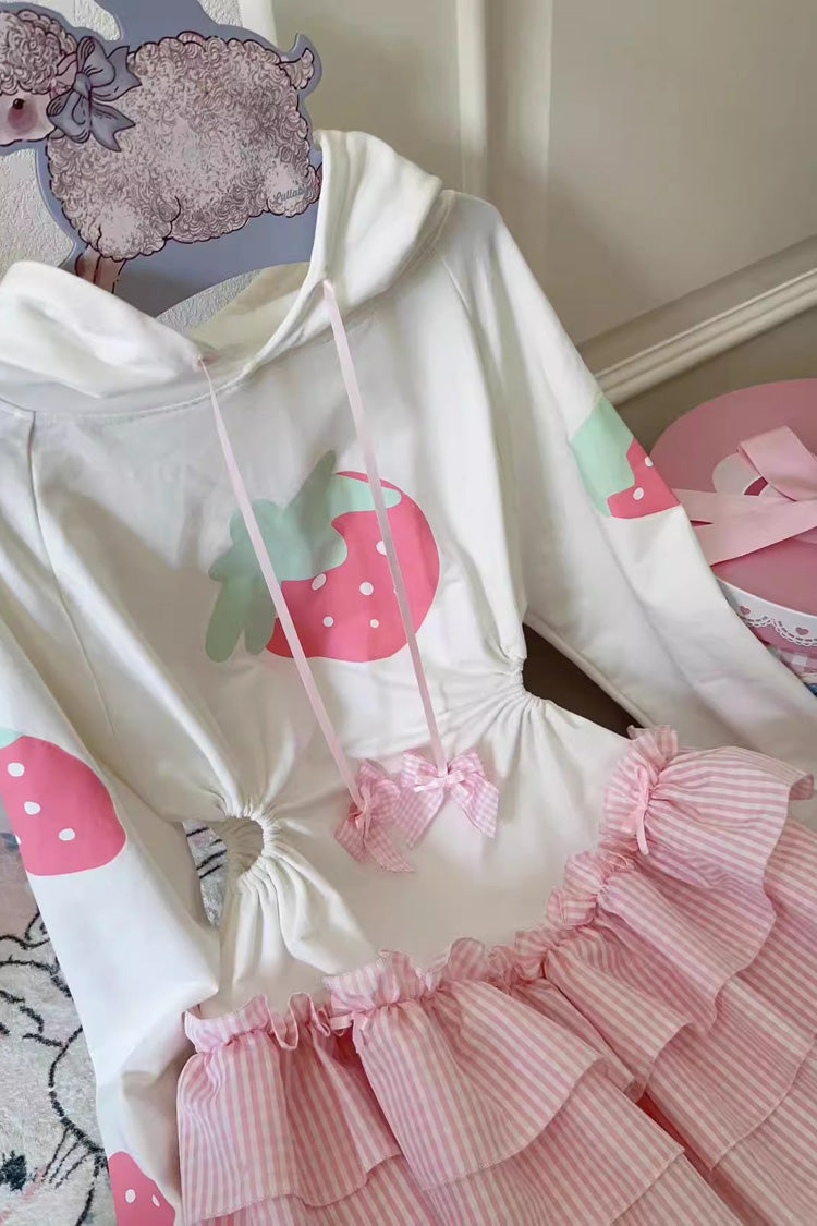Ivory & Pink Long-Sleeve Triple Strawberry Print Hooded Sweet Lolita Dress