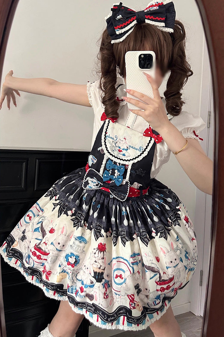 Sleeveless Print Bowknot Lace Sweet Lolita Strap Dress Black