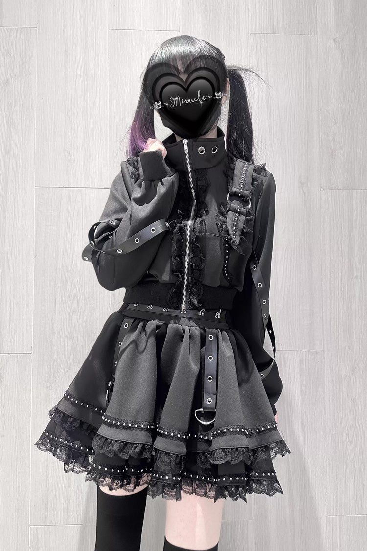Black Gothic Ruffle Lace Zip Skirt Ensemble Jirai Kei
