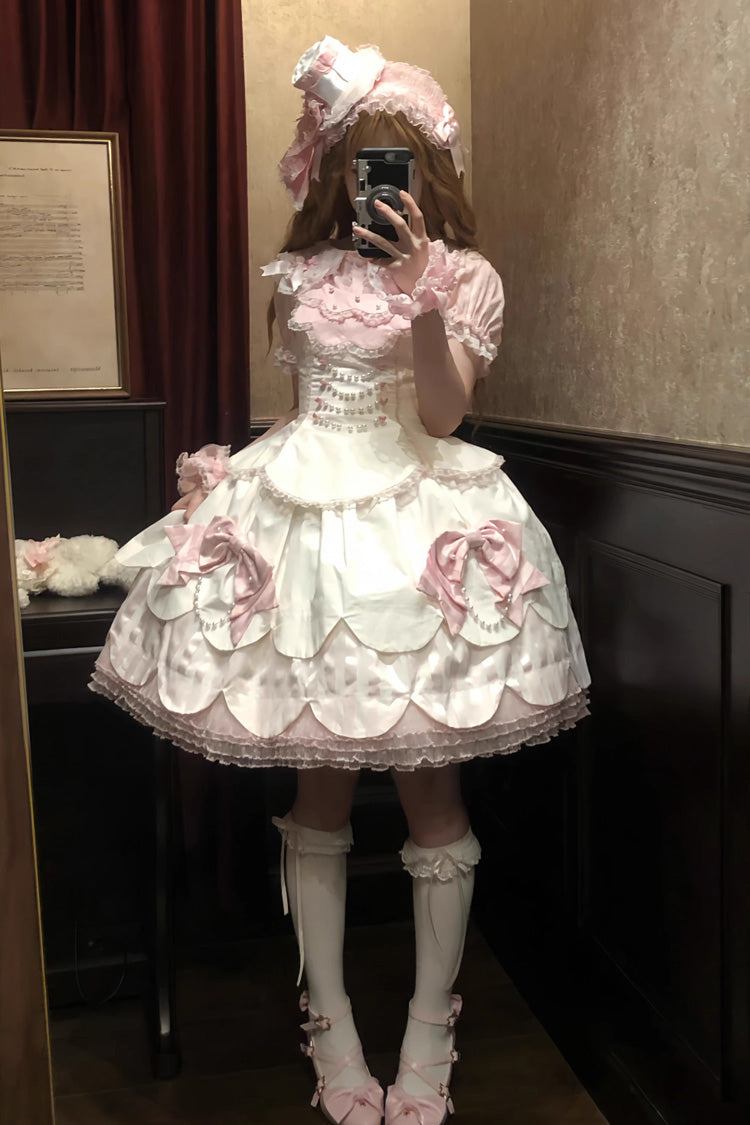 Pale Pink & White Sleeveless Multi-Layer Ruffled Bow Lace Pearl Sweet Lolita JSK