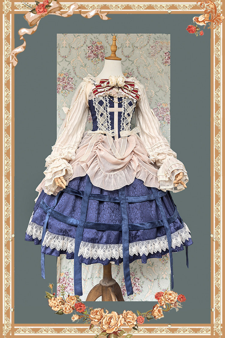 Sleeveless Printed Ruffled Bow Lace-Up Gothic Elegant Jsk Dress - Two Colors