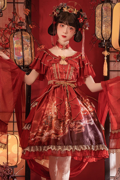 Elegant High Waist Lolita Dress - Ruffled Short Sleeve, Print