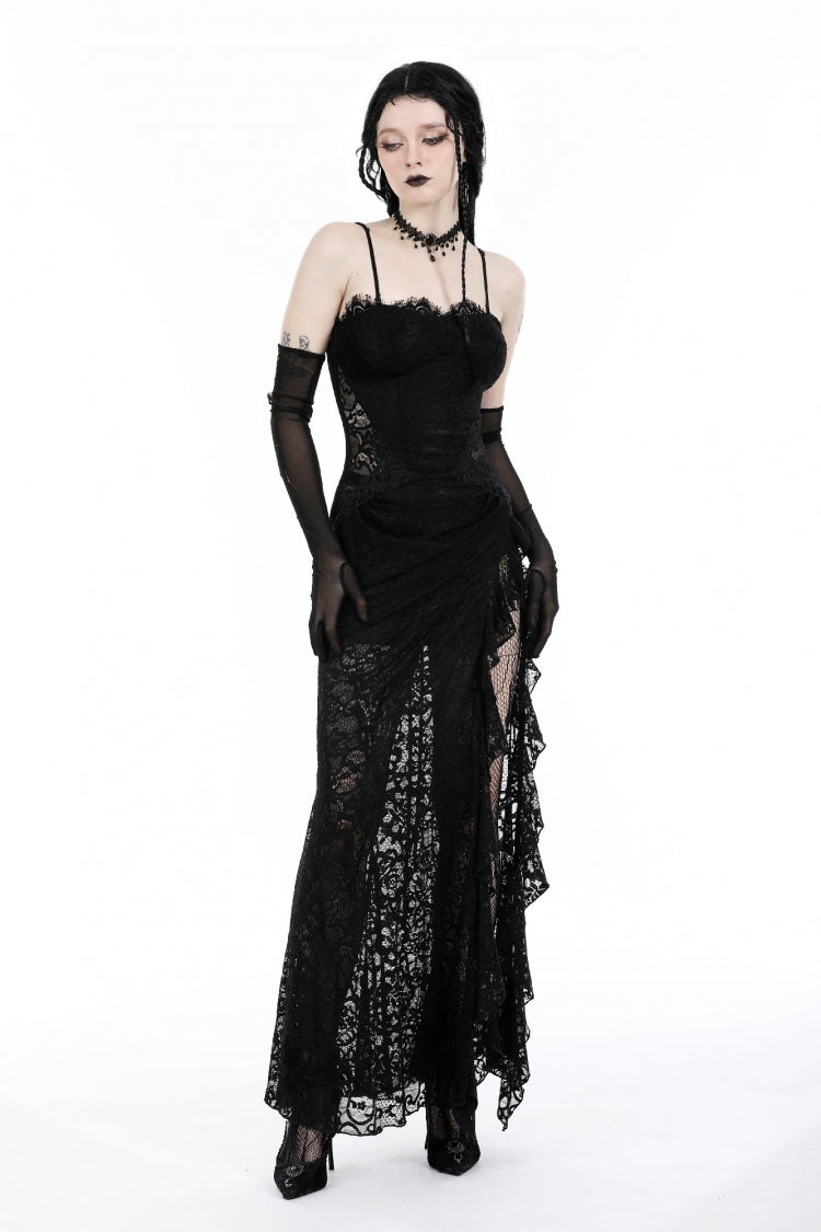 Sleeveless Side Slit Ruffled Lace Lace-Up Gothic Maxi Slip Wedding Dress