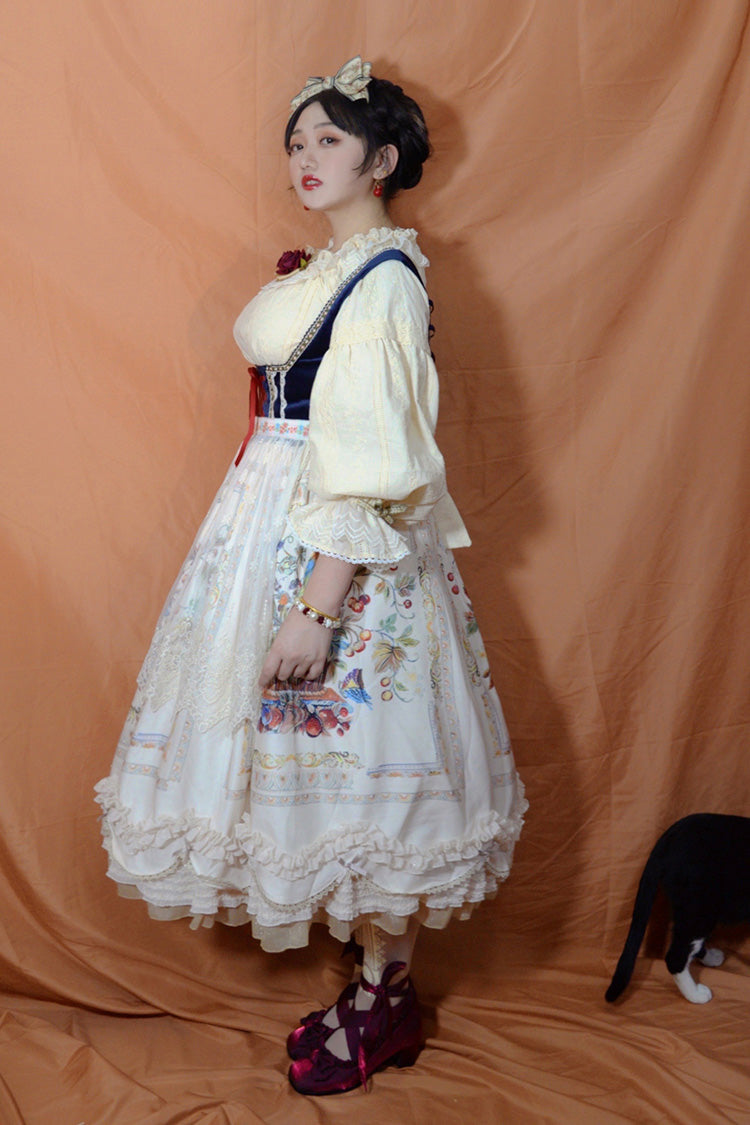Cream Ode to Plenty Berry Bird Print Velvet Bow Frilled Classic Lolita Corset JSK Dress
