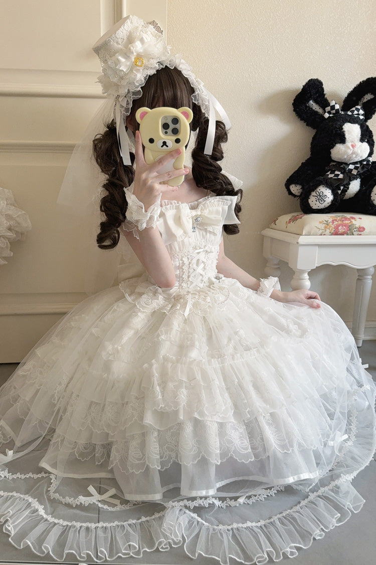 Ivory Sleeveless Multi Ruffle Bridal Bow Lace-Up JSK