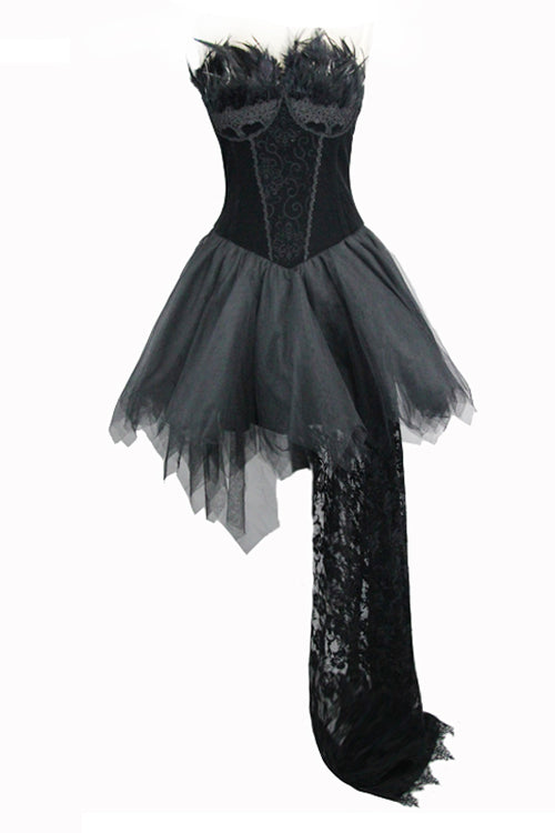 Gothic Wedding Gown with Feathers, Strapless Velveteen, Rose Lace Train