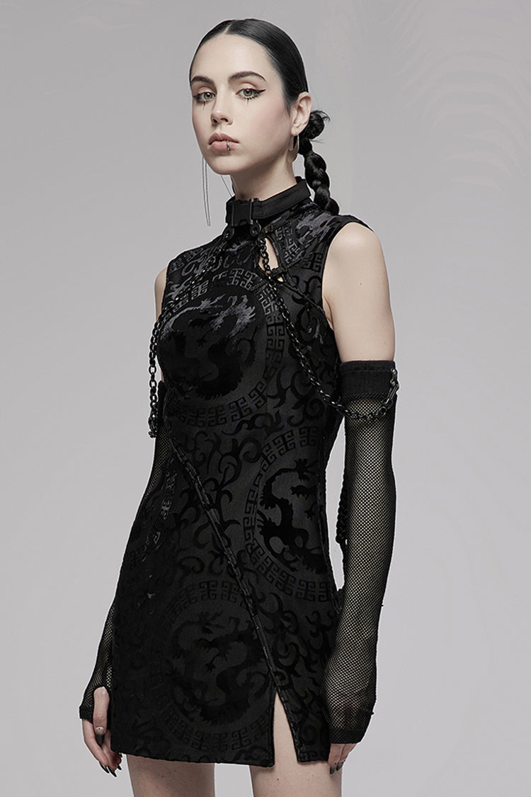 Sleeveless Gothic Gown with Dragon Motif Slit Hem Velvet Stretch