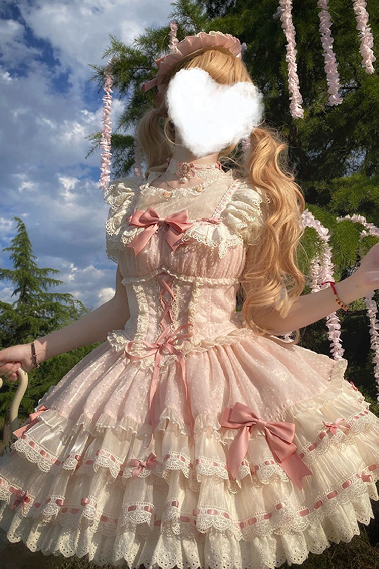 Pink Double-Layered Ruffled Bow Lace-Up Sweet Ballet JSK - Flory Butterfly