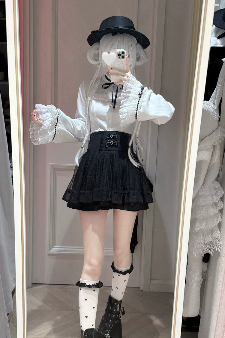 Moonlit Butterfly Lapel Collar Trumpet Sleeve Ruffled Lace Japanese Skirt Set