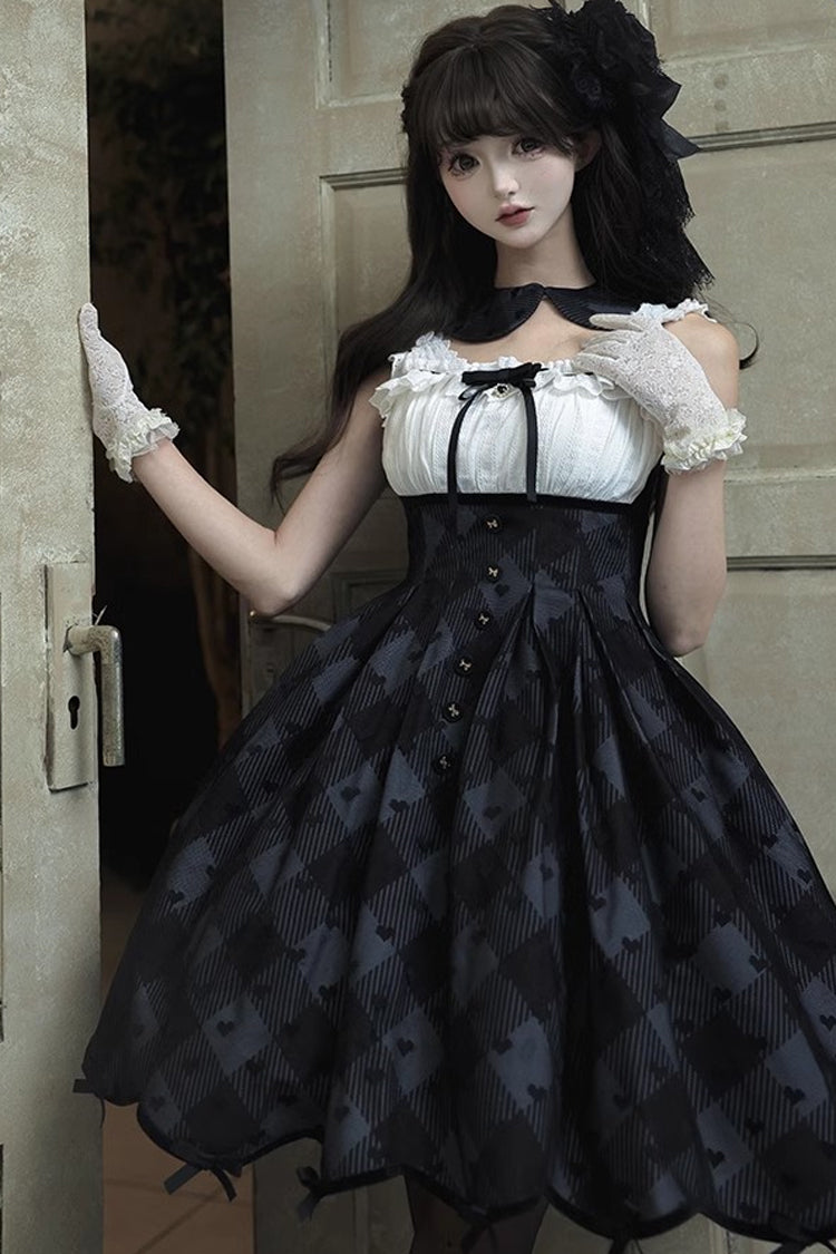 Black Short Sleeve Plaid Print Sweet Elegant Princess Dress Short - Swan