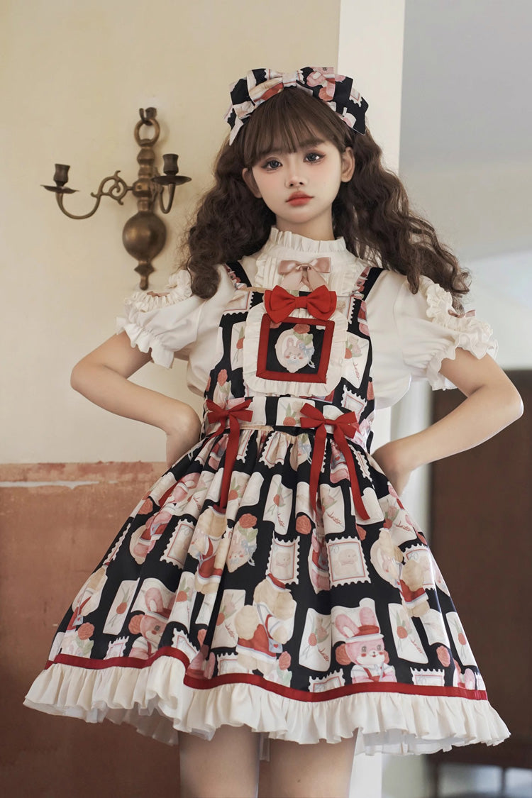 Rabbit Letter Print Ruffle Bow Sweet Princess Lolita Strap Dress