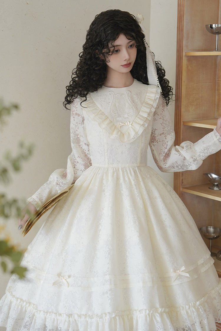 Cream Flower Sound Long Sleeve Frilled Cardigan Bow Lace Sweet Lolita Dress