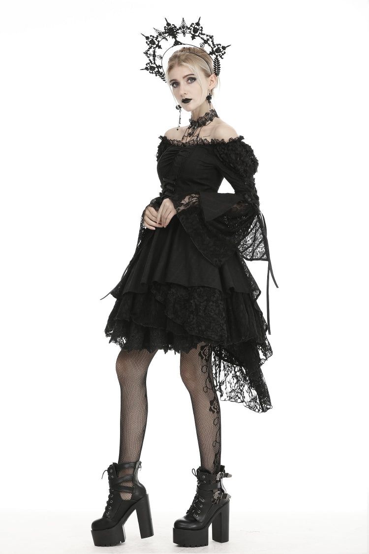 Black Off-Shoulder Trumpet Puff Sleeve Lace-Up Mesh Gothic Cocktail Dress