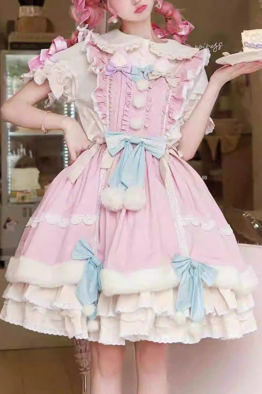 Pale Pink & White Little Fox Multi-Layer Ruffled Bow Long-Sleeve Sweet Lolita Dress