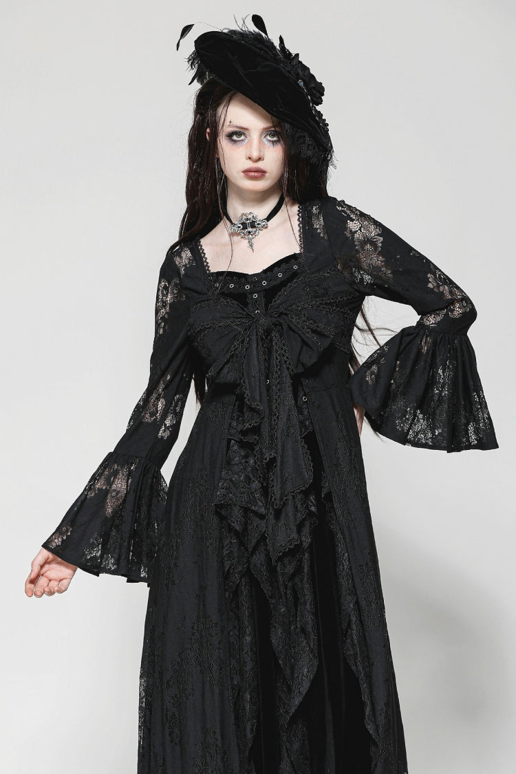 Jet-Black Elegant Robe with Lace Trim and Lacing for Women
